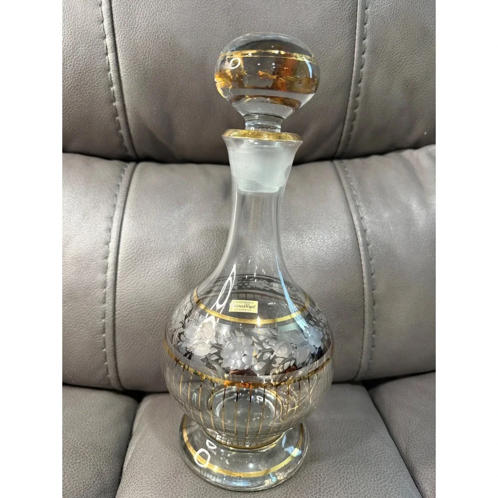 Steiner & Vogel Germany Handcrafted Etched Glass Decanter Gold Trim Floral‎ 14